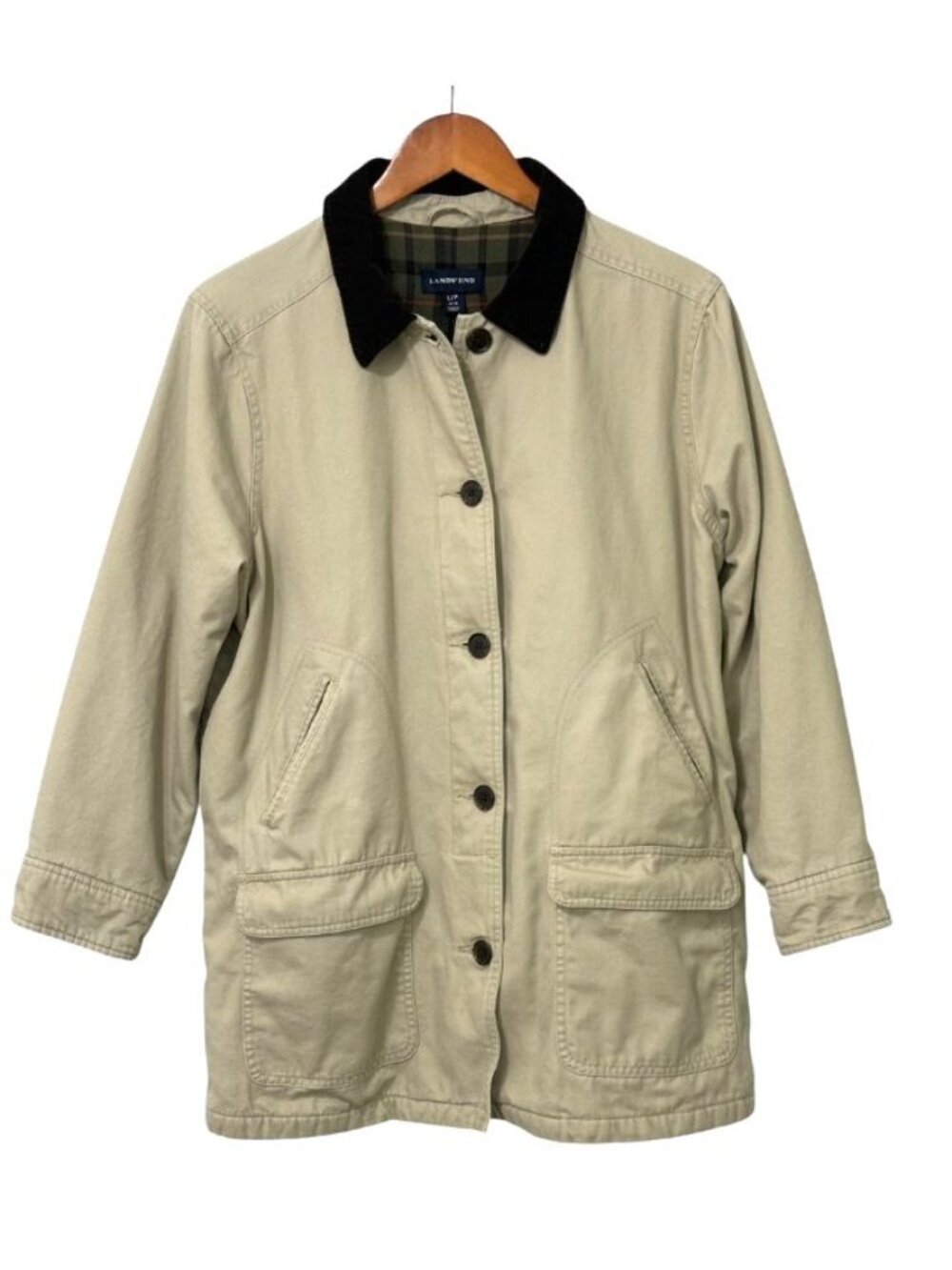 Lands End Womens Barn Chore Jacket Tan Plaid Flannel Lined 100% Cotton Size PL - Picture 13 of 13